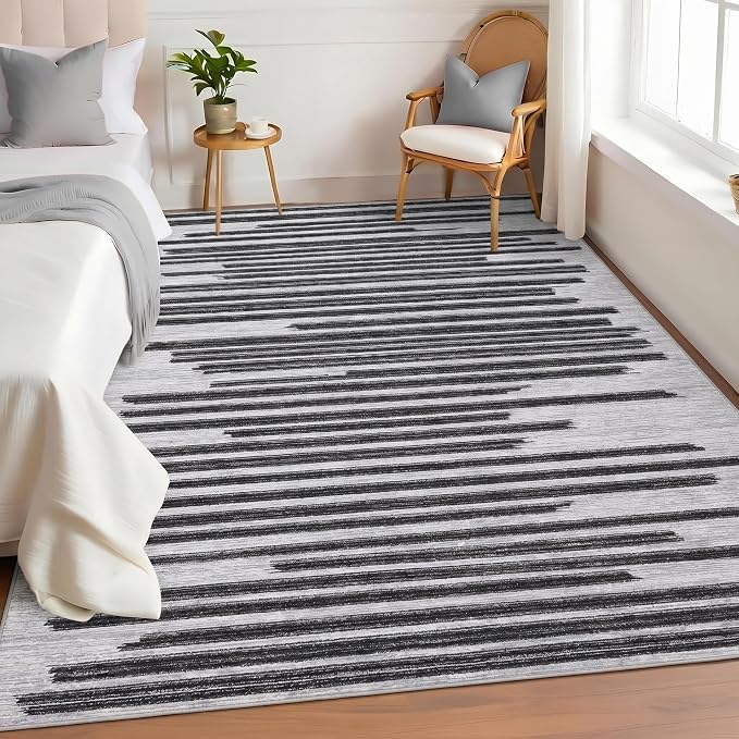 GarveeHome 8x10 Washable Living Room Rug Modern Striped Non Slip Carpet | Foldable Low Pile Area Rug for Home Office Bedroom Dining Room Geometric Stain Resistant Rugs, Black Grey