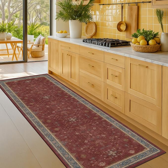 Boho 2x5 Small Kitchen Runners Rugs Non Slip - Washable Soft Area Rugs for Bedroom, Floral Non Skid Runner Carpet for Bathroom, Laundry Room, Hallway, Entryway (Dark Red)