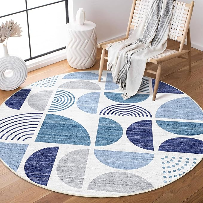 Round Rug 4ft Small Circle Area Rug Washable Non Slip Modern Abstract | Circular Rugs for Entryway Bedroom Kitchen Boho Throw Carpet Boho Soft Low Pile Floor Indoor Bohemian Navy Blue