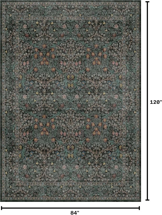 Vintage Dark Green Living Room Rug, 7x10 Washable Area Rugs for Dining Room Under Table, Bedroom, Oriental Low Pile Stain Resistant Non-Slip Thin Soft Carpet