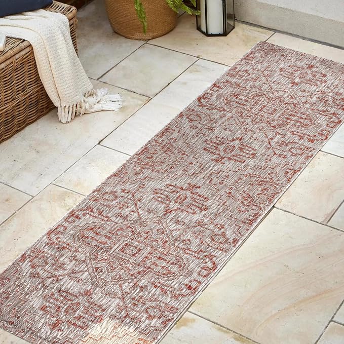 JONATHAN Y Boho Medallion Indoor Outdoor Runner Rug 2X8 Red/Taupe, Estrella Textured Weave for Backyard, Patio, Porch, Easy-Cleaning, High Traffic, Pet-Friendly, Non-Shedding (SMB105A-28)