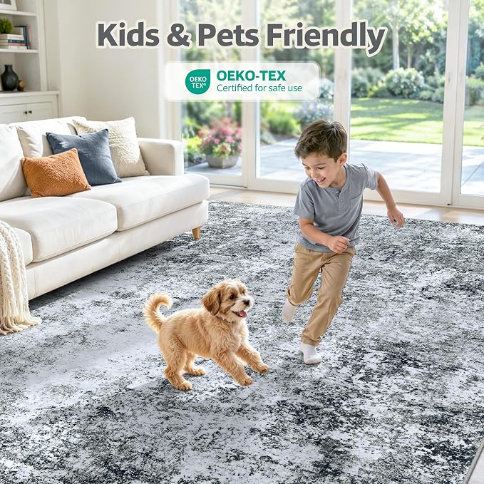 5x7 Washable Area Rug Modern Abstract for Living Room Bedroom Gray White | Soft Indoor Carpet,Anti-skid Backing,Water Repellent,Non-shedding, Suitable for bedroom dining farmhouse nursery home office