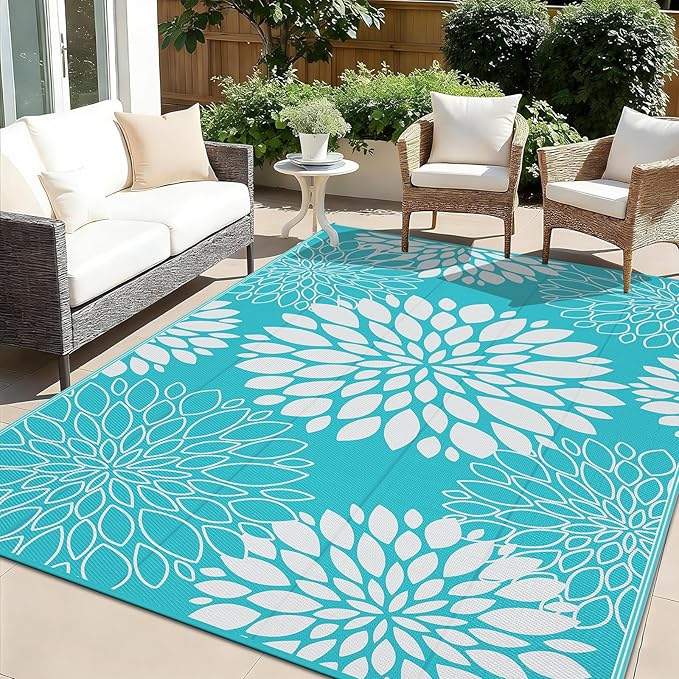 Ileading Waterproof Outdoor Rug 6x9, Reversible Plastic Straw Patio Rug, Portable Indoor Outdoor RV Camping Mat Carpet for Deck, Porch, Balcony, Backyard, Picnic, Floral Teal