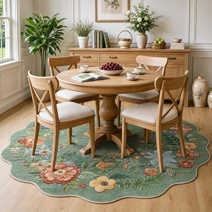 FMFUNCTEX 5ft Round Washable Sage Green Scalloped Area Rug for Living Room | Floral Rug Non Slip Vintage Flower Colorful Traditional Boho Small Soft Low Pile Cottage Circle Dining Room Bedroom Entryway