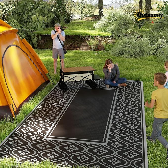 Outsunny Outdoor Rug for Patio, 9' x 18' Waterproof Large Mat, Reversible Plastic Straw Rug for Decor, Portable Outside RV Camping Area Carpet Mat for Backyard Porch Deck Picnic, Black & Gray Gourd