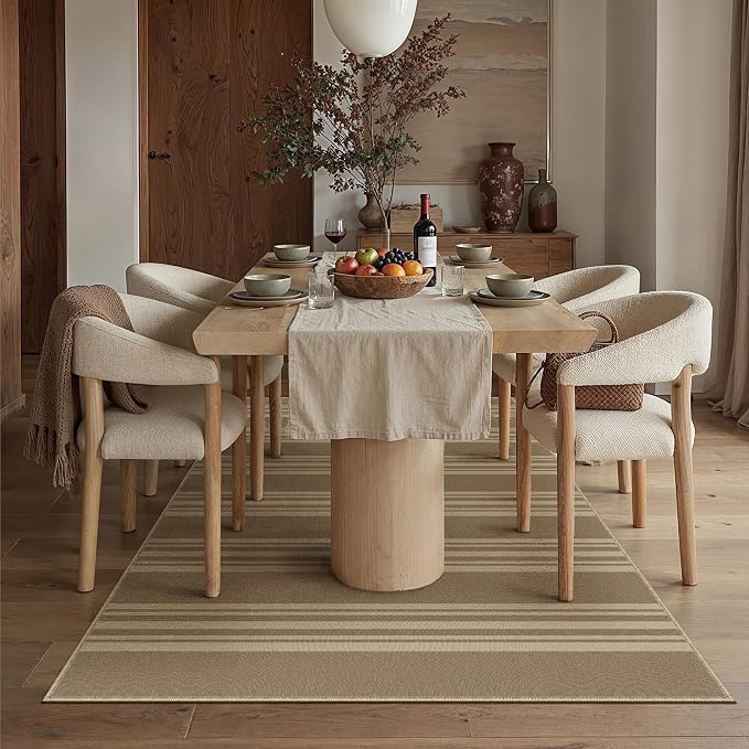 PureCozy Striped Easy Jute Rug 5x7 Khaki Living Room Carpet Washable Non Slip Bedroom Office Rug Farmhouse Neutral Non Shedding Indoor Outdoor Large Carpet for Kitchen Dining Room