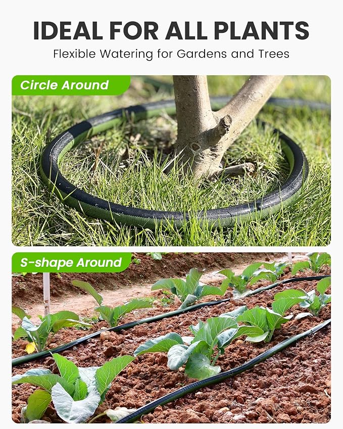 RAINPOINT 200FT Flat Soaker Hose for Garden (50FT x 4 Pack), Flexible & Leakproof Drip Hose with Anodized Aluminum Fittings, Double Layer 80% Water-Saving Irrigation Hose, Green