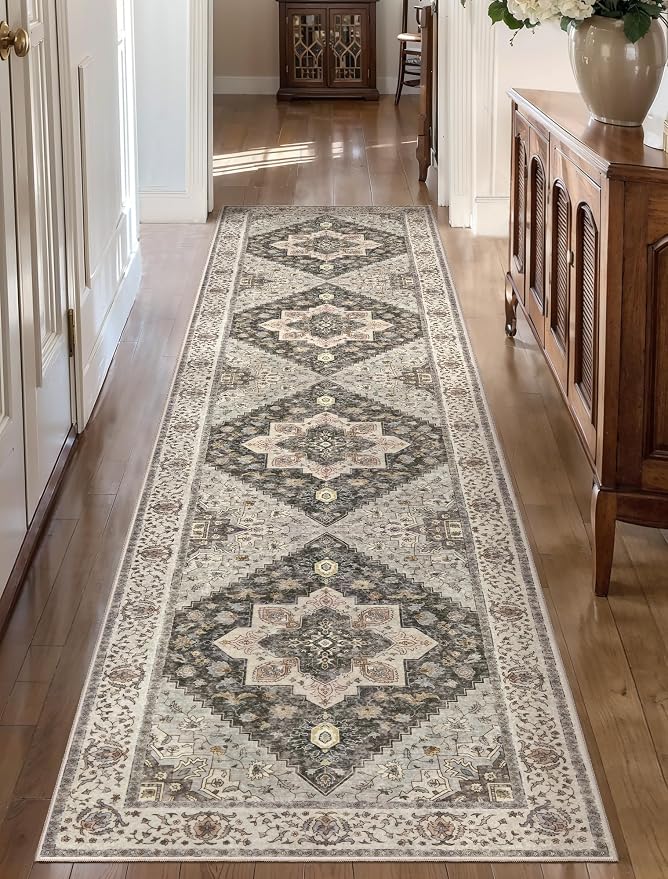 Tangsoo 2x10 Washable Runner Rug for Hallways, Non Slip Vintage Runner Rug, Soft Low Pile Long Runner, Print Distressed Grey Carpet Runners for Kitchen Bedroom Entryway Bathroom Living Room