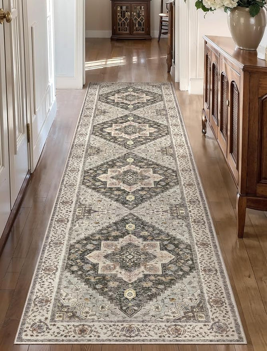 Tangsoo 2x10 Washable Runner Rug for Hallways, Non Slip Vintage Runner Rug, Soft Low Pile Long Runner, Print Distressed Grey Carpet Runners for Kitchen Bedroom Entryway Bathroom Living Room