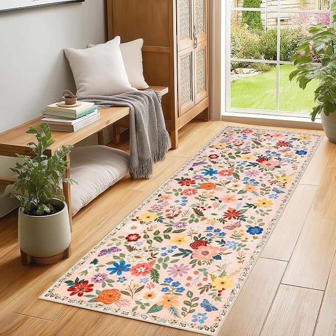 PLHXFR 2x6 Washable Runner Rug：Floral Indoor Kitchen Soft Carpet Beige | For Hallway Bedroom Kitchen Laundry Bathroom Dorm,Vintage Floral,Machine washable,Non Slip,Stain Resistant,Indoor Floor