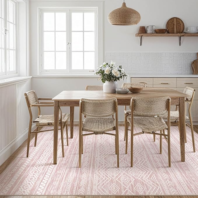 Tortania Area Rug Living Room Rugs- 7x9 Washable Large Soft Neutral Boho Moroccan Bohemian Farmhouse Rug Indoor Floor Carpet for Bedroom Under Dining Table Home Office Decor - Pink