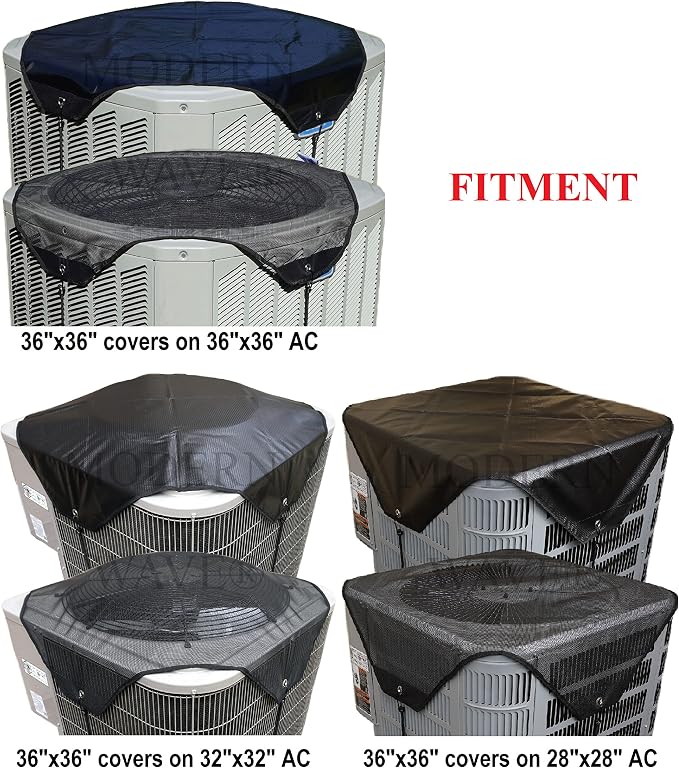 MODERN WAVE - 2 (Two) Central Air Conditioner Covers for Outside Units 36 x 36 inch - 1 (One) Top Universal Mesh Cover and 1 (One) Winter Waterproof Outdoor AC Defender Cover (Black, 36" x 36")