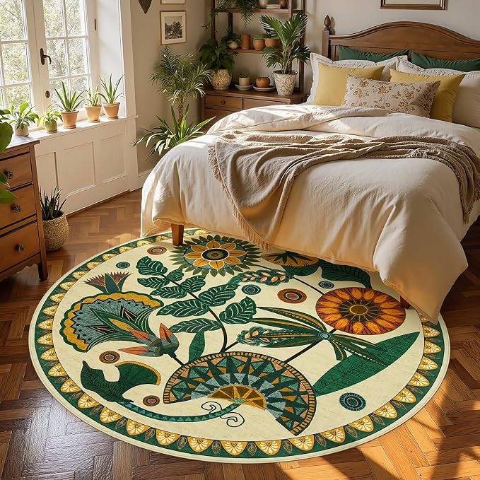 Joydeco Washable Round Rugs 6FT, Circle Area Rug for Bedroom Living Room | Boho Colorful Egypt Floral Non Slip Stain Resistant Flower Indoor Carpet for Dining Room Nursery Guest Room Kitchen, Beige