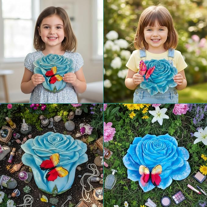 Garden Stepping Stones Outdoor Walkway – Resin Rose Flower Pavers for Path, Lawn & Backyard – Round Decorative Yard Art Decor – Set of 2, Blue