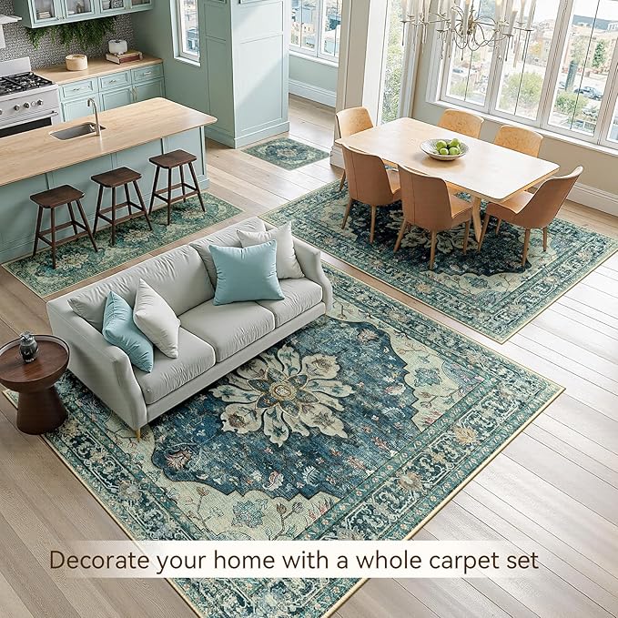 RELEANY Washable Area Rug, 5'x7', Blue/Vintage Dark Blue | Non-Slip, Water Repellent, Pet Friendly, Easy to Clean, Vintage Floral Boho Decor for Living Room Bedroom Dining Room Office