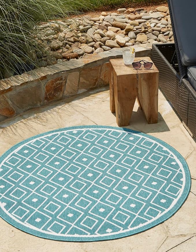 Unique Loom Outdoor Trellis Collection Area Rug - Kafes (4' 1" Round, Teal/ Ivory)
