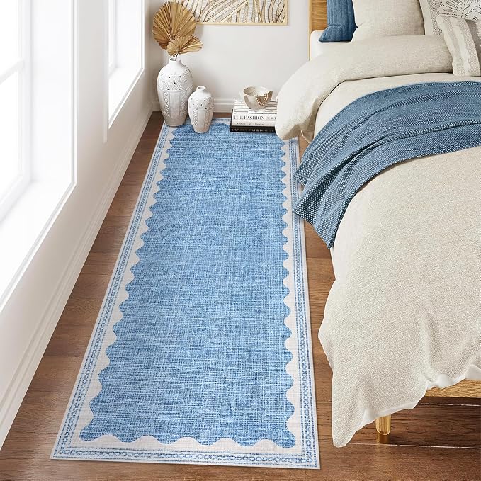 2x6 Scalloped Runners Blue Washable Hallways Bedroom Rug | Solid Non Slip Scalloped Bath Runner, Rugs for Bedroom Girls, Rugs for Kitchen Floor Soft Dorm Nursery Carpet for Bedside