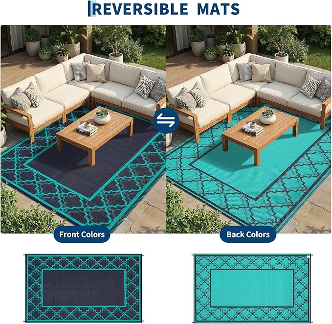 Garvee Reversible Outdoor Rug 6x9, Waterproof Outdoor Plastic Straw Rug with Interlacing Pattern, RV Mat for Picnics, Patio, Camping, Balcony, Deck, Backyard, Porch, Navy