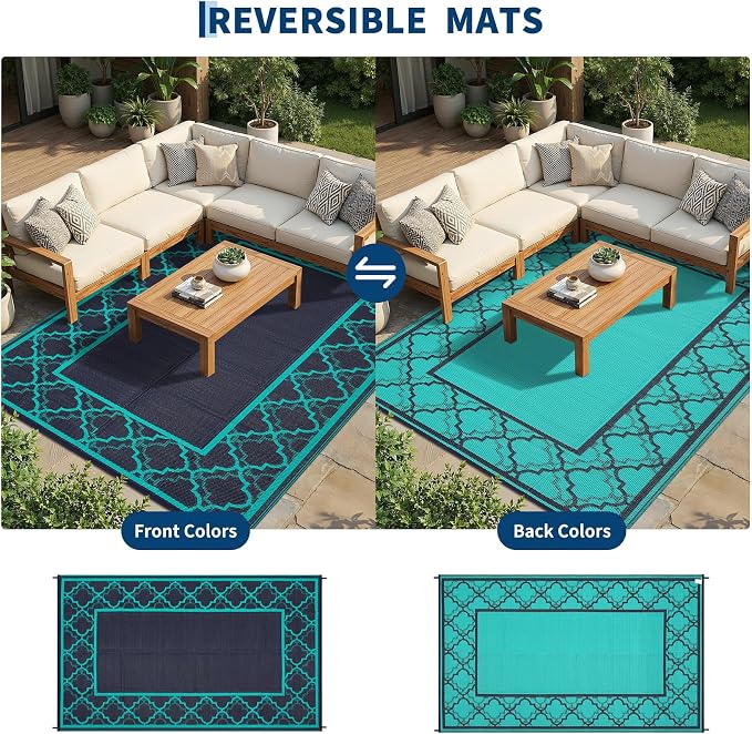 Garvee Reversible Outdoor Rug 10x14, Waterproof Outdoor Plastic Straw Rug with Interlacing Pattern, RV Mat for Picnics, Patio, Camping, Balcony, Deck, Backyard, Porch, Navy