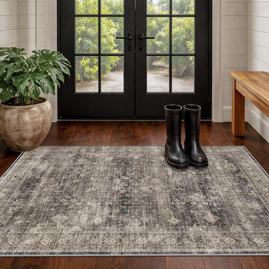 Washable Entryway Rug 3x5 for Kitchen, Bathroom, Low Pile Non-Slip Stain Resistant Indoor Front Door Mat, Charcoal Stone Farmhouse Modern Oriental Distressed Geometric Throw Area Rug
