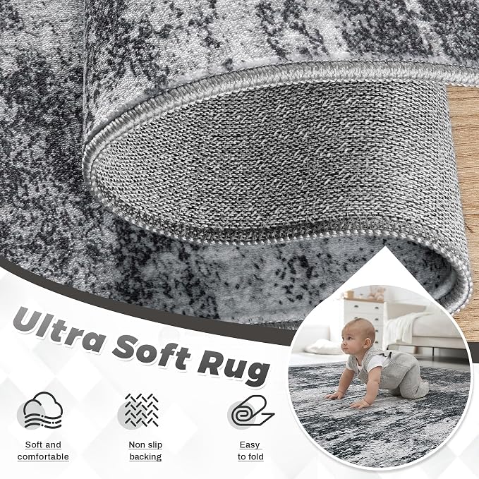 pmtsns Area Rugs 10x14 Living Room: Washable Rug Modern Abstract Neutral Soft Non-Slip Low-Pile Indoor Large Carpet for Bedroom Dining Room Playroom Home Office (Black Grey, 10'x14')