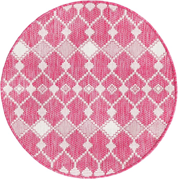 Unique Loom Outdoor Trellis Collection Area Rug - Traliccio (3' Round, Magenta/ Ivory)