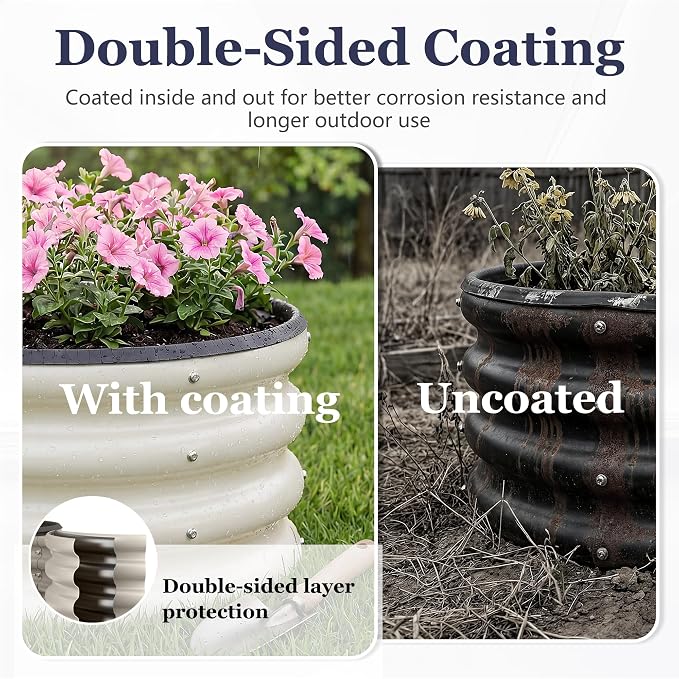 2 x 2 x 1 ft Round Raised Garden Bed, White 2 Pack 12 in Deep Galvanized Steel Planter Box with Safety Edge Trim for Vegetables Flowers Herbs Backyard Patio Outdoor Garden