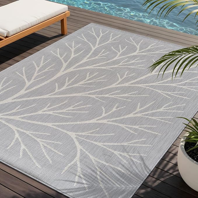 Washable Indoor Outdoor Rug 5x7 Modern Area Rugs Branch Pattern Non Shedding Waterproof Easy Clean Patio Deck Porch Living Room Bedroom Garden RV (5 X 7 Gray)