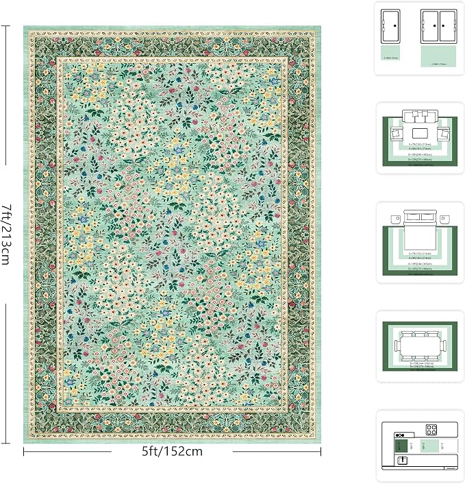 5x7 Area Rugs, Vintage Washable Rug for Bedroom, Indoor Non-Slip Rugs for Living Room, Dining Room, Low Pile Home Decor Floral Rug(Green Floral)