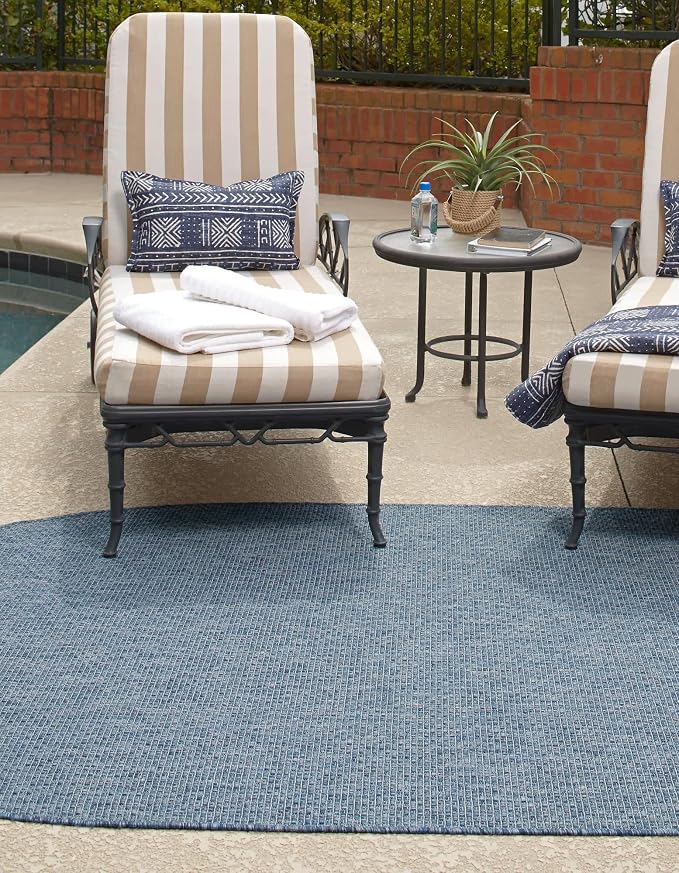 Unique Loom Collection Casual Transitional Solid Heathered Indoor/Outdoor Flatweave Area Rug (8' x 10' Oval, Blue/Navy Blue)