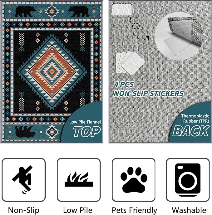 Native Amrican Rug 5x6 - Southwestern Bear Cabin Area Rugs for Bedroom Living Room, Rustic Bohemian Machine Washable | Non-Slip | Soft Carpets, Southwest Room Decor (Teal Orange Black)
