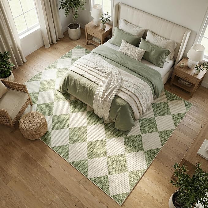 GarveeHome Sage Green Area Rugs 8x10 Living Room Checkered Washable Rug | Large Soft Non Slip Backing Floor Mat Carpet Indoor Thin Rug for Bedroom Dining Room Playroom Nursery Home Decor