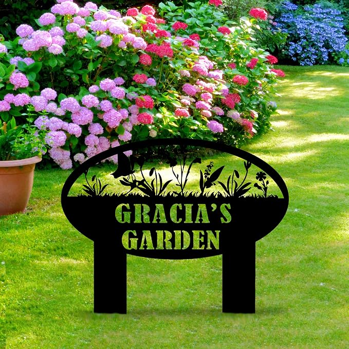 Personalized Metal Garden Sign, Custom Flower Sign with Stakes, Garden Decor for Outside, Garden Family Name Sign, Outdoor Steel Yard Sign, Large Patio Garden Sign Art, Housewarming Gift