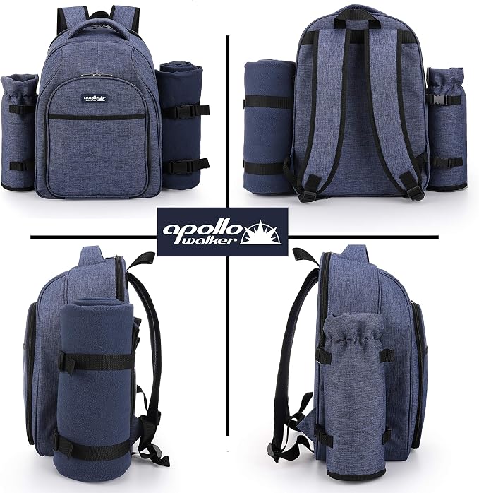 Apollo Walker Picnic Backpack Bag for 2 Person with Cooler Compartment, Detachable Bottle/Wine Holder, Fleece Blanket, Plates and Cutlery Set (2 Person, Navy)