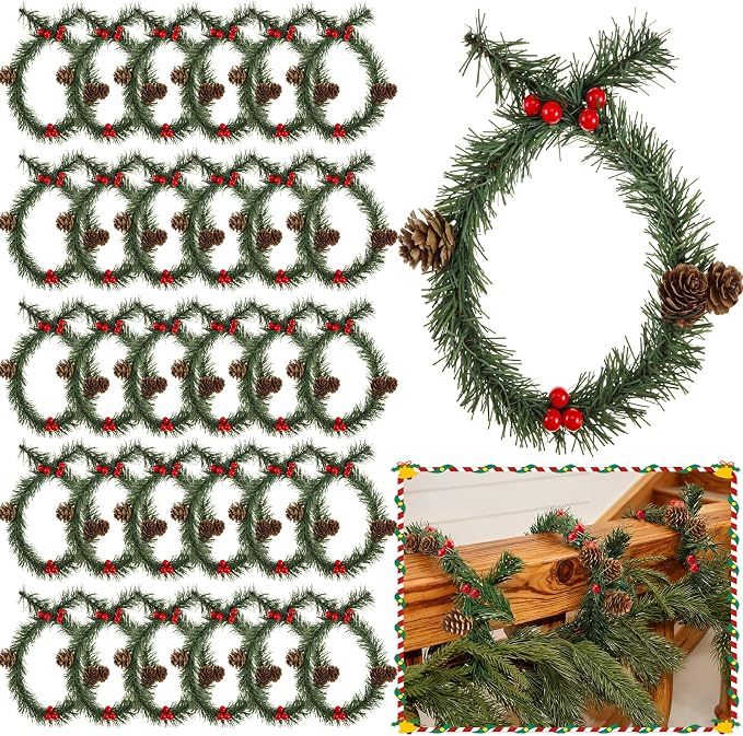 Zhengmy 30 Pcs 20 Inch Christmas Garland Ties with Pinecone & Red Berries, Decorative Twist Tie for Banister Flexible Pine Stems for Christmas Stairs Railing Banister Decor DIY Craft Gift Wrapping