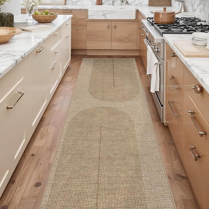 Outdoor Easy Jute Runner Rug: 2.5x8 Modern Natural Area Rugs for Front Patio Hallway Linen-Look Fabric Durable - Neutral Washable Mat for Entryway Kitchen Bedroom - Geometric Arch Pattern
