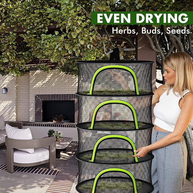 Herb Drying Rack Hanging Mesh 6 Layer 24" with Zipper, Gloves, Garden Pruning Shear, Hook & Carabiner Clip for Drying Herbs, Plants, Seeds, Buds | Outdoor, Hydroponics Herb Dryer Hanging Rack