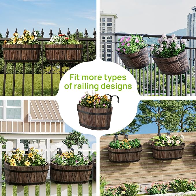 2PACK Railing Planter Box Wood Hanging Flower Pots for Railing Fence Outdoor Balcony Planters for Wall Window Flower Box Hanging Bucket Pots Countryside Plant Holder (Carbonized,2pcs,Large)