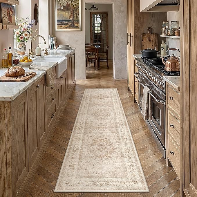 2x8 Beige Washable Runner Rug Non Slip Vintage Carpet | Low Pile, Stain Resistant, Living Room, Kitchen, Bedroom, Entryway, Laundry Room, Hallway, Soft, Thin, Lightweight