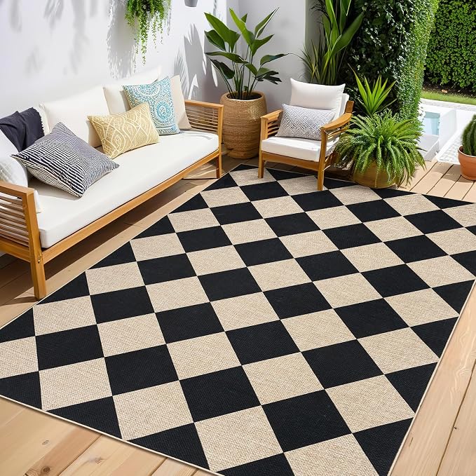 GarveeHome 9x12 Checkered Easy Jute Rugs for Bedroom Machine Washable Black | Large Rugs Non-Slip Backing Modern Neutral Stain Resistance Carpets for Farmhouse Patio Dining Room Backyard