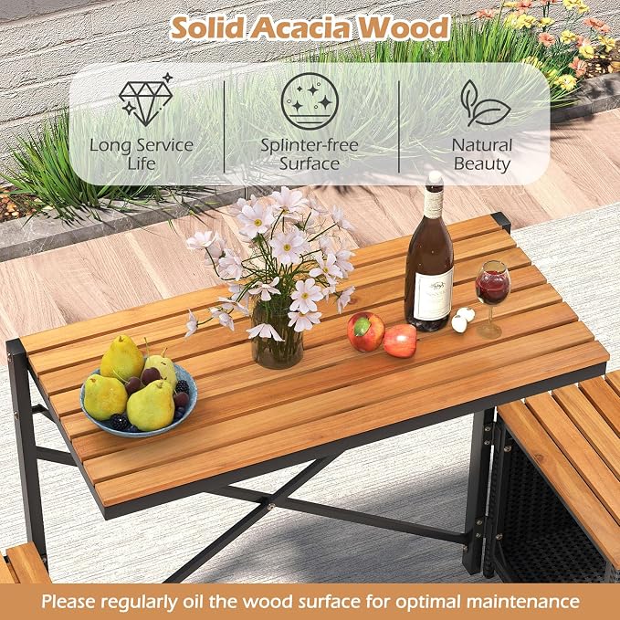 HAPPYGRILL 2-in-1 Outdoor Storage Bench Convertible Picnic Table and Chairs Set with Metal Frame, Acacia Wood Rattan Patio Loveseat for Garden, Backyard, Porch, Deck