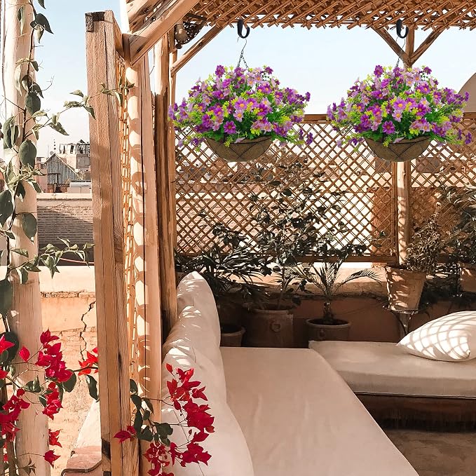 Artificial Hanging Flowers with Basket,Fake Daisy Flowers in 12 inch Coconut Lining Hanging Baskets for The Decoration of Courtyard, Indoors, and Outdoors(Violet)
