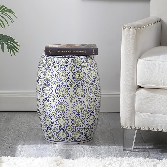 JONATHAN Y Lula 17.25" Chinoiserie Ceramic Drum Garden Stool, Traditional Floral Indoor/Outdoor Patio Side Table, Plant Stand, Blue/Green TBL1025A