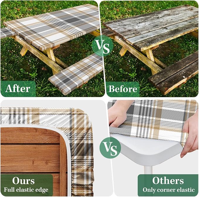 Picnic Table Cover with Bench Covers Elastic Edges, Plaid Beige Fitted Table Cover, Outdoor Patio Camping Essentials 72 Inch 3PCS, Waterproof Camping Fitted Tablecloth with Drawstring Bag