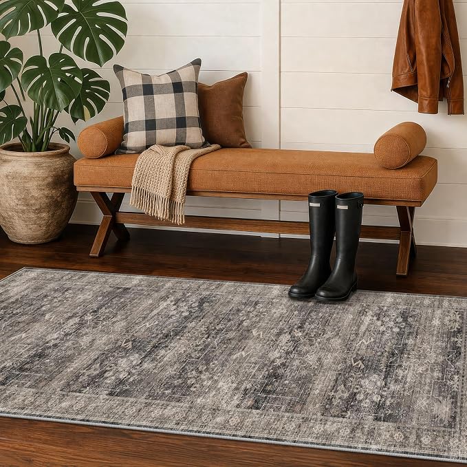 Washable 2x6 Runner Rug for Hallway, Low Pile Non-Slip Stain Resistant Bathroom Rug, Charcoal Stone Long Kitchen Runner Rugs, Modern Farmhouse Eclectic Mat for Laundry Room, Moody Décor