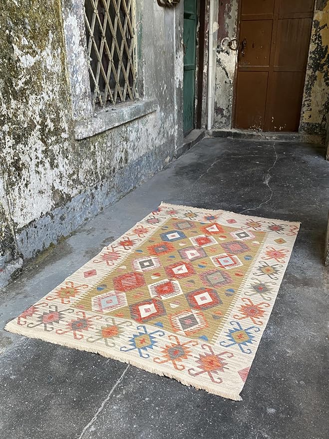 Secret Sea Collection: Modern Kilim Series Area Rug & Runner, Cotton, Reversible, Washable (2'8" x 6'7", Antique Birds)