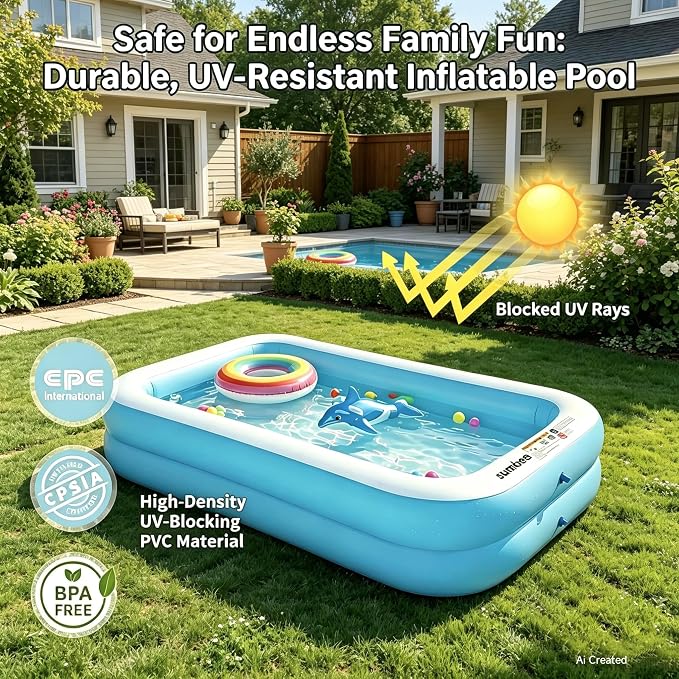 Sumbee Inflatable Pool for Kids and Adults, 103" x 69" x 20" Oversized Thickened Blow Up Swimming Family Pool for Toddlers Outdoor Patio Backyard Garden Deck Summer Party, Full Size Rectangular Blue
