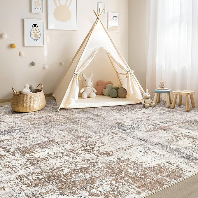 UERMEI Area Rug Living Room Rugs - Washable Neutral Modern Abstract Soft Thin Rug Indoor Floor No Slip Rug Carpet for Bedroom Under Dining Table Home Office Decor - Brown/Grey/Red - 9x12