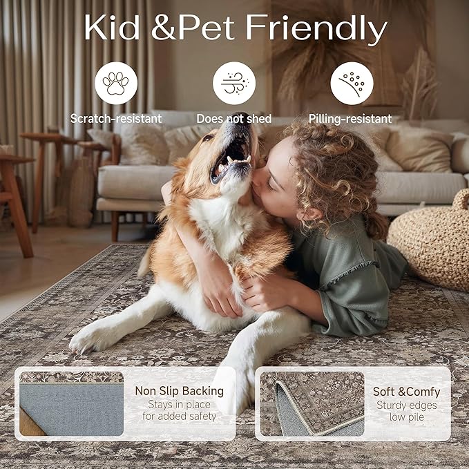 HUGEAR 6x9 Machine Washable Rugs Coffee Brown Hallway Large Area Rug Indoor Accent Rug Floral Low Pile Carpet Soft Throw Aesthetic Rug Bedroom Living Room Office Dining Room Kitchen Laundry Room
