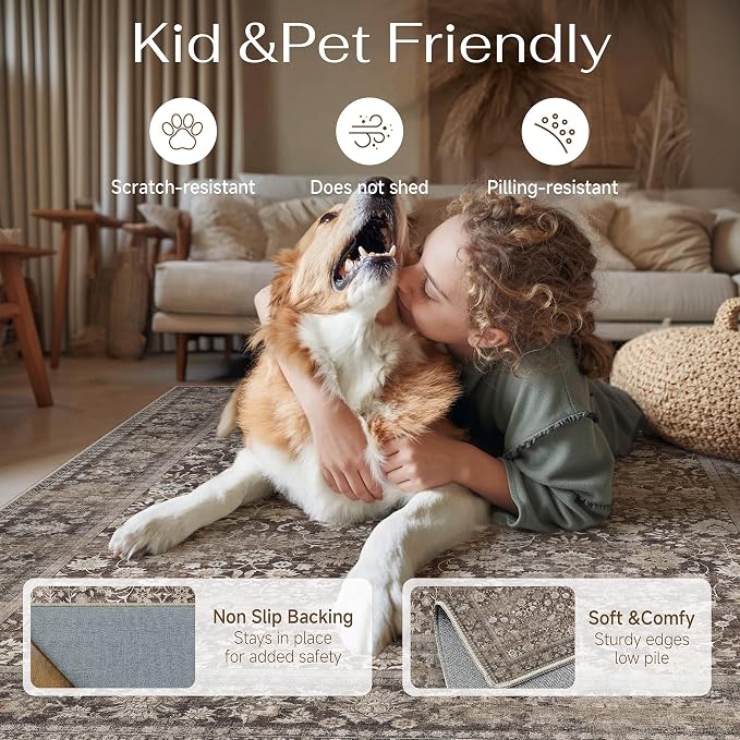 HUGEAR 3x5 Machine Washable Rugs Coffee Brown Hallway Area Rug Indoor Accent Rug Floral Low Pile Carpet Soft Throw Aesthetic Rug Bedroom Living Room Office Dining Room Kitchen Laundry Room Non Slip